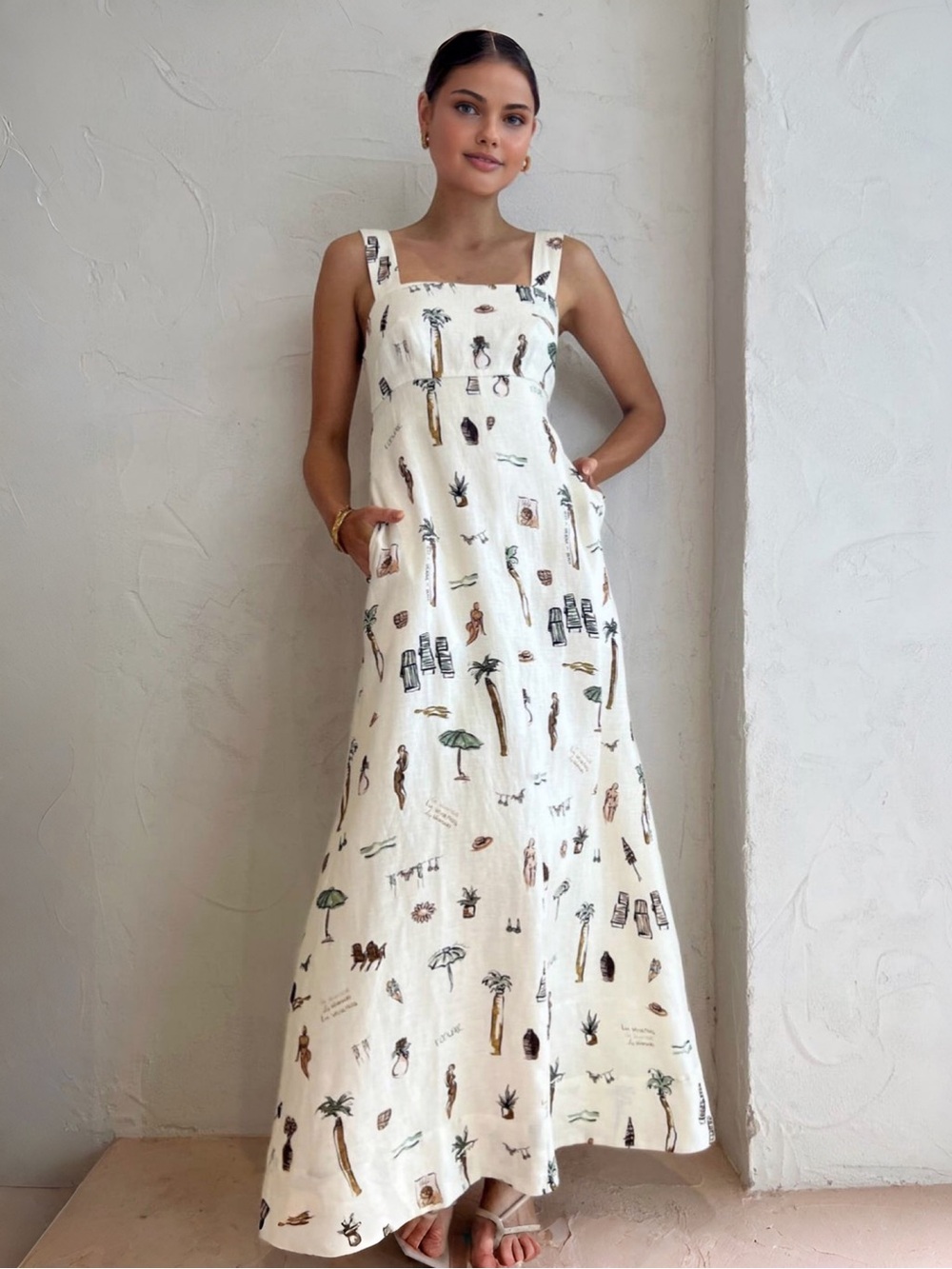 Commense Linen Blend Tropical Print Knotted Maxi Dress Sz M NWT